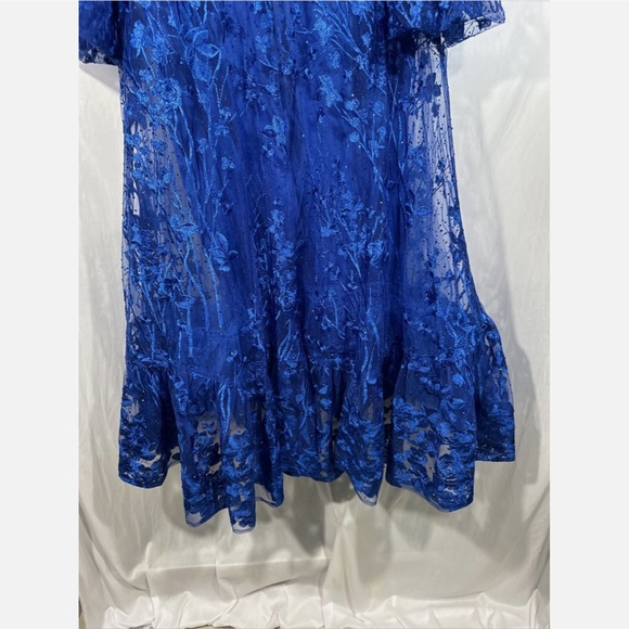 NWT $798 Mac Duggal [ 16 ] V Neck Mesh Puff Sleeve A Line Embellished Dress Blue - Picture 16 of 16